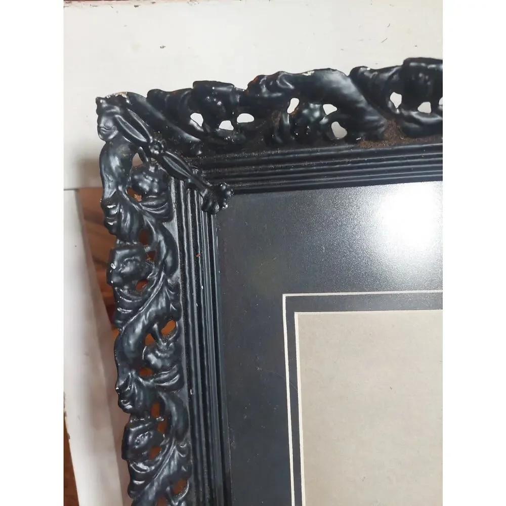 VTG Antique Ornate Baroque Roccoco Black Metal Matted Frame Victorian 8x10